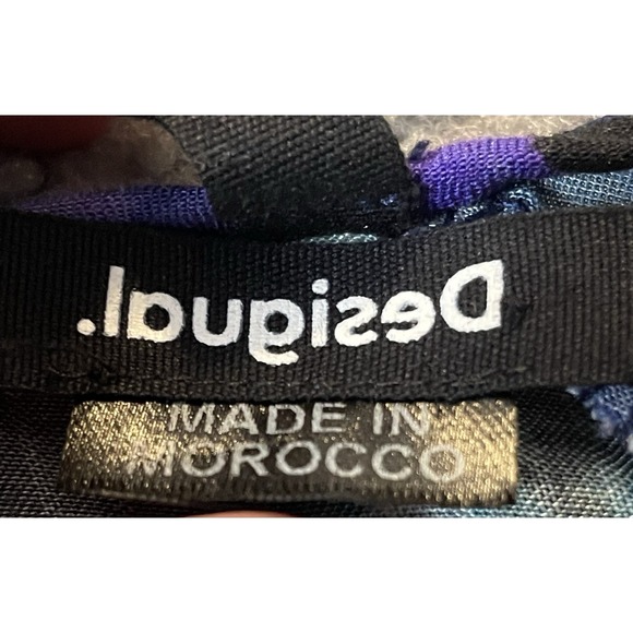 Disigual Floral Pleated Blouse S Blue Purple Long Sleeve Smocked Pullover Boho - Picture 10 of 12